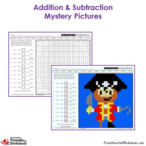 Grade 3 Addition and Subtraction Mystery Pictures Coloring Worksheets - Pirate