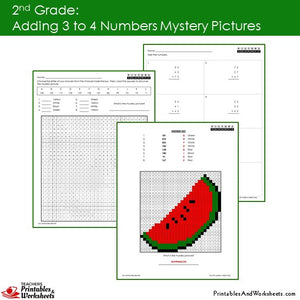 Grade 2 Adding 3-4 Numbers Mystery Pictures Coloring Worksheets Sample 2