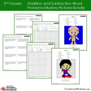 Grade 2 Addition and Subtraction Word Problems Mystery Pictures Coloring Worksheets Sample 3