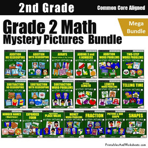Grade 2 Math Coloring Worksheets - Mystery Pictures Bundle