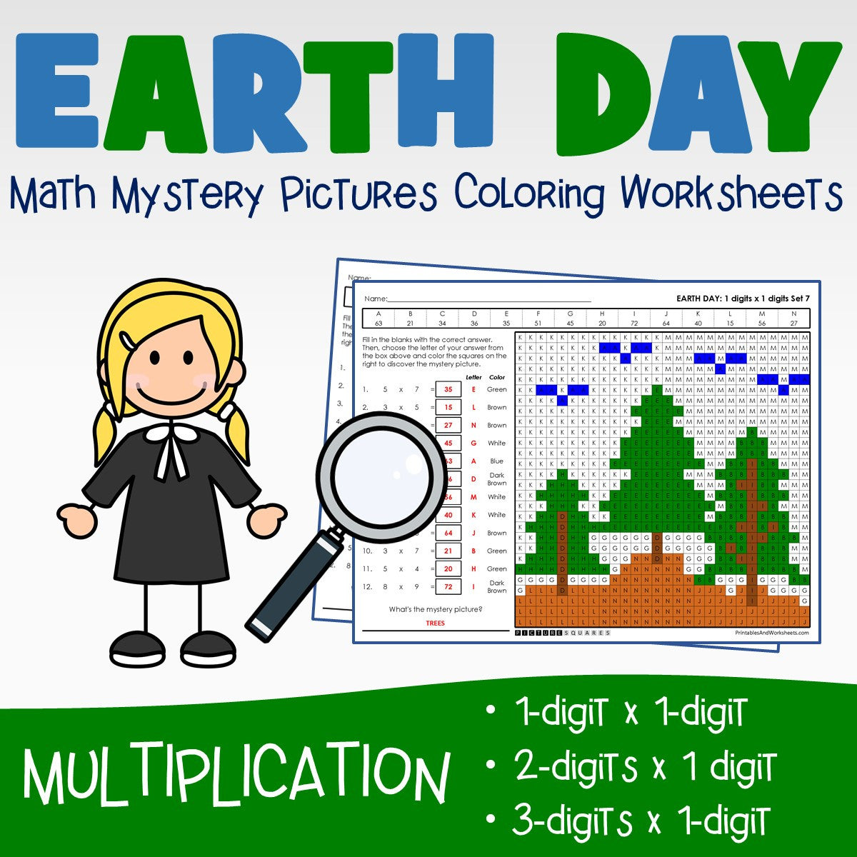Earth Day Multiplication Coloring Worksheets