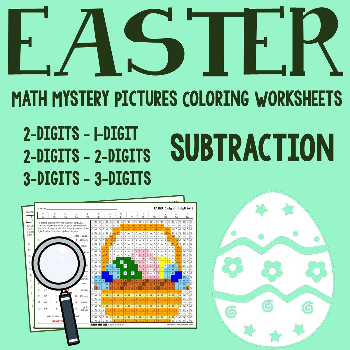 Easter Subtraction Coloring Worksheets