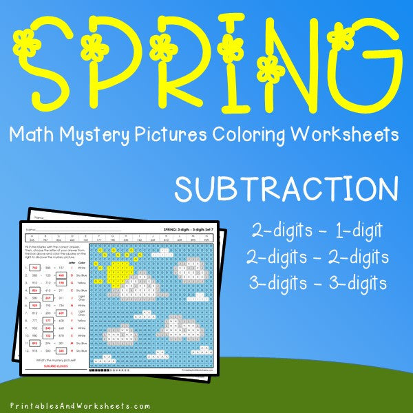 Spring Subtraction Coloring Worksheets