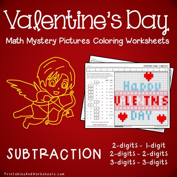 Valentine's Day Subtraction Coloring Worksheets