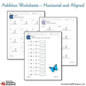 Addition Worksheets Adding Horizontal Aligned