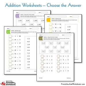 Addition Worksheets - Choose the Answer From a List or Box