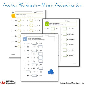 Addition Worksheets - Missing Addends or Sum