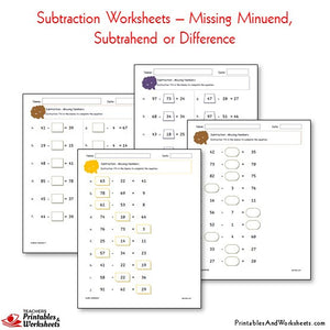 Subtraction Worksheets Bundle - Missing Subtrahend, Minuend, Difference