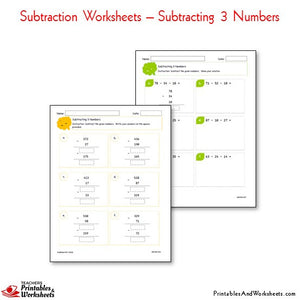 Subtraction Worksheets Bundle - Subtracting 3 Numbers