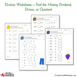 Division Worksheets Bundle - Find the Missing Dividend, Divisor or Quotient