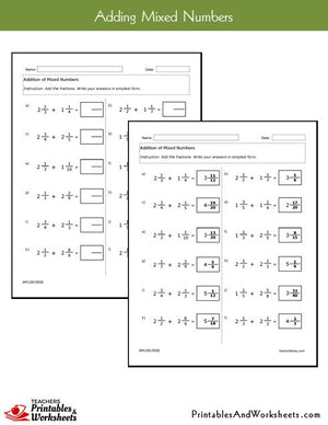 Adding Mixed Numbers Worksheets Sample