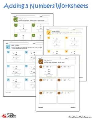 Adding 3 Numbers Sample Worksheets