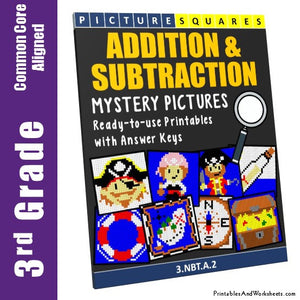 Grade 3 Addition and Subtraction Mystery Pictures Coloring Worksheets