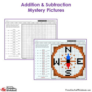 Grade 3 Addition and Subtraction Mystery Pictures Coloring Worksheets - Compass