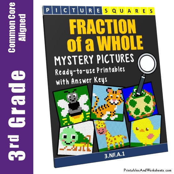 Grade 3 Fraction of a Whole Mystery Pictures Coloring Worksheets