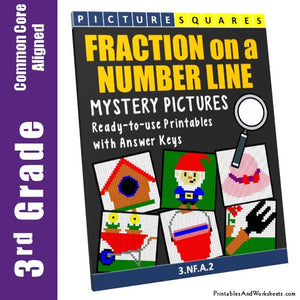 3rd Grade Fractions on a Number Line Mystery Pictures Coloring Worksheets