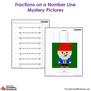 3rd Grade Fractions on a Number Line Coloring Worksheets -  Mystery Picture: Gnome