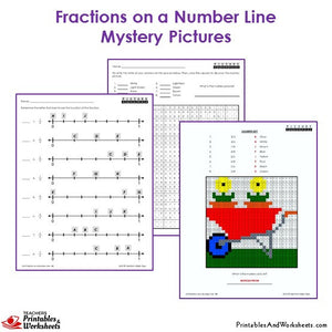 3rd Grade Fractions on a Number Line Coloring Worksheets -  Mystery Picture: Wheelbarrow