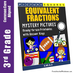 Grade 3 Equivalent Fractions Mystery Pictures Coloring Worksheets