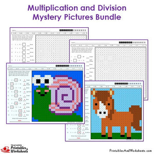 3rd Grade Multiplication and Division Mystery Pictures Coloring Worksheets - Snail, Horse