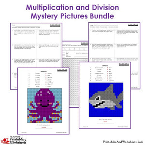 3rd Grade Multiplication and Division Mystery Pictures Coloring Worksheets - Octopus, Shark