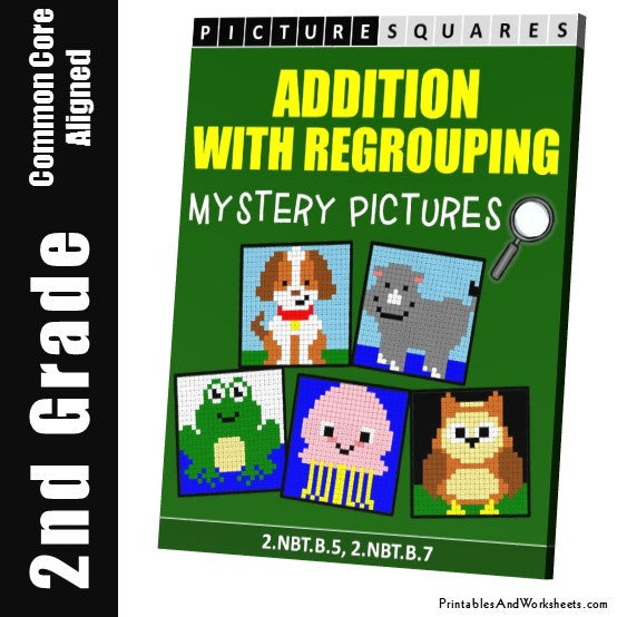 Grade 2 Addition with Regrouping Mystery Pictures Coloring Worksheets