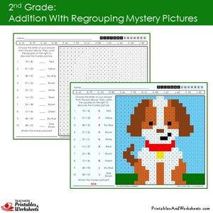 Grade 2 Addition with Regrouping Mystery Pictures Coloring Worksheets Sample 1