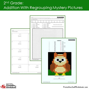Grade 2 Addition with Regrouping Mystery Pictures Coloring Worksheets Sample 2