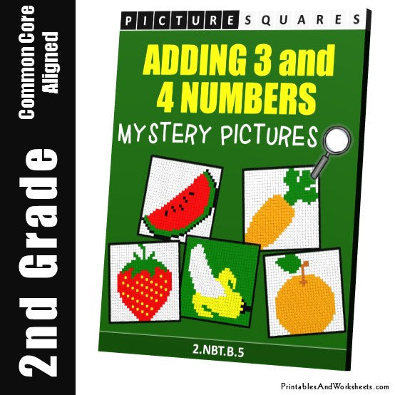Grade 2 Adding 3-4 Numbers Mystery Pictures Coloring Worksheets