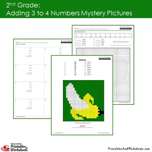 Grade 2 Adding 3-4 Numbers Mystery Pictures Coloring Worksheets Sample 1