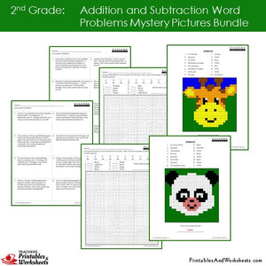 Grade 2 Addition and Subtraction Word Problems Mystery Pictures Coloring Worksheets Sample 1