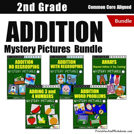 Grade 2 Addition Mystery Pictures Coloring Worksheets Bundle
