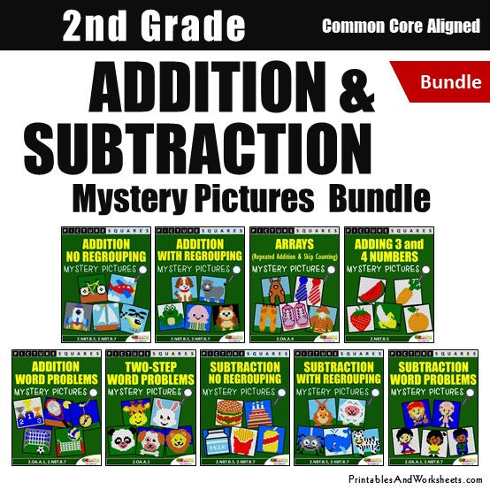 Grade 2 Addition and Subtraction Mystery Pictures Coloring Worksheets