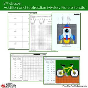 Grade 2 Addition and Subtraction Mystery Pictures Coloring Worksheets Sample 1