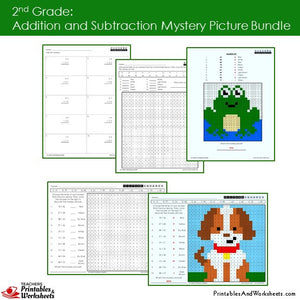 Grade 2 Addition and Subtraction Mystery Pictures Coloring Worksheets Sample 2