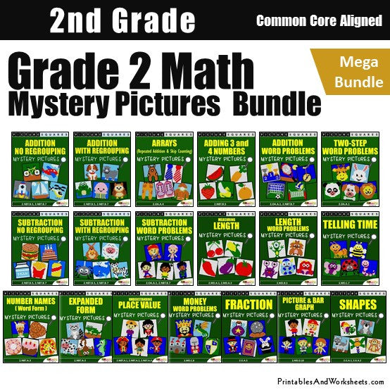 Grade 2 Math Coloring Worksheets - Mystery Pictures Bundle