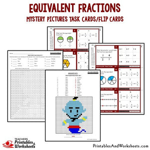 Equivalent Fractions Mytery Pictures Task Cards/Flip Cards Sample