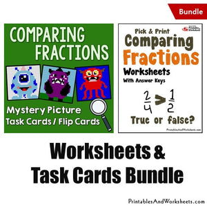 Comparing Fractions Worksheets and Mystery Pictures Task Cards Bundle