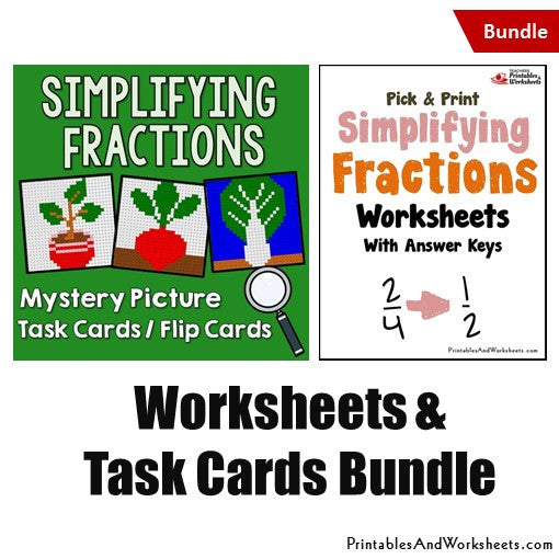Simplifying Fractions Worksheets and Mystery Pictures Task Cards Bundle