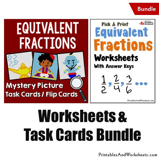 Equivalent Fractions Worksheets and Mystery Pictures Task Cards Bundle