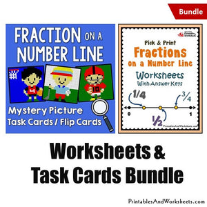 Fraction on a Number Line Worksheets and Mystery Picture Task Cards Bundle