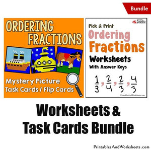 Ordering Fractions Worksheets and Mystery Pictures Task Cards/Flip Cards Bundle