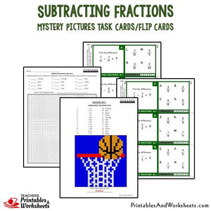 Subtracting Fractions Mystery Pictures Task Cards/Flip Cards Sample