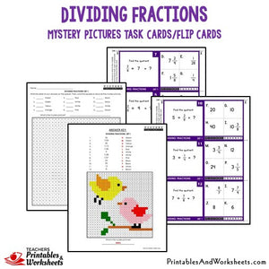 Dividing Fractions Mystery Pictures Task Cards/Flip Cards Sample