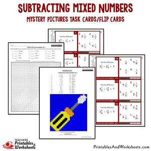 Subtracting Mixed Numbers Mystery Pictures Task Cards/Flip Cards Sample