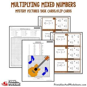 Multiplying Mixed Numbers Mystery Pictures Task Cards/Flip Cards Sample