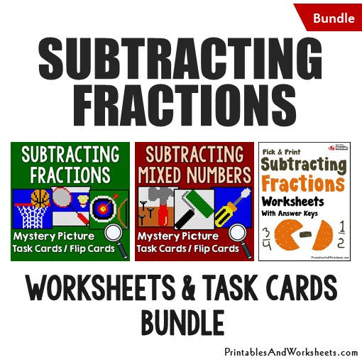Subtracting Fractions and Mixed Numbers Worksheets and Mystery Pictures Task Cards Bundle
