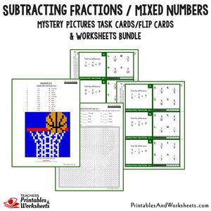 Subtracting Fractions / Mixed Numbers Bundle - Mystery Pictures Task Cards Bundle