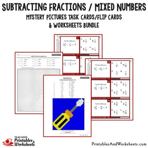 Subtracting Fractions / Mixed Numbers Bundle - Mystery Pictures Task Cards Bundle