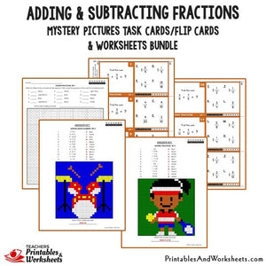 Adding and Subtracting Fractions/Mixed Numbers Bundle - Mystery Pictures Task Cards